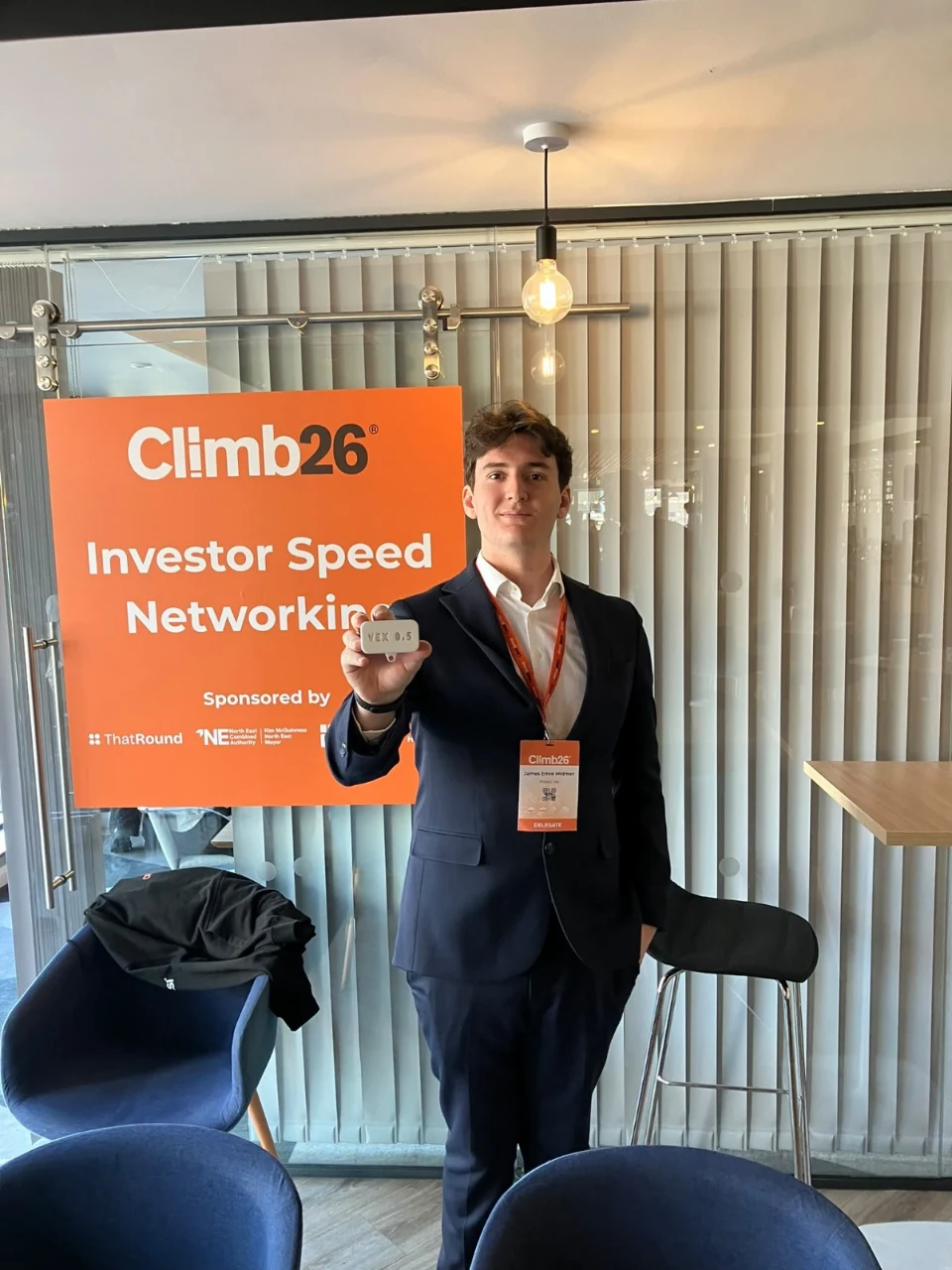 James holding VEX 0.5 at Climb26