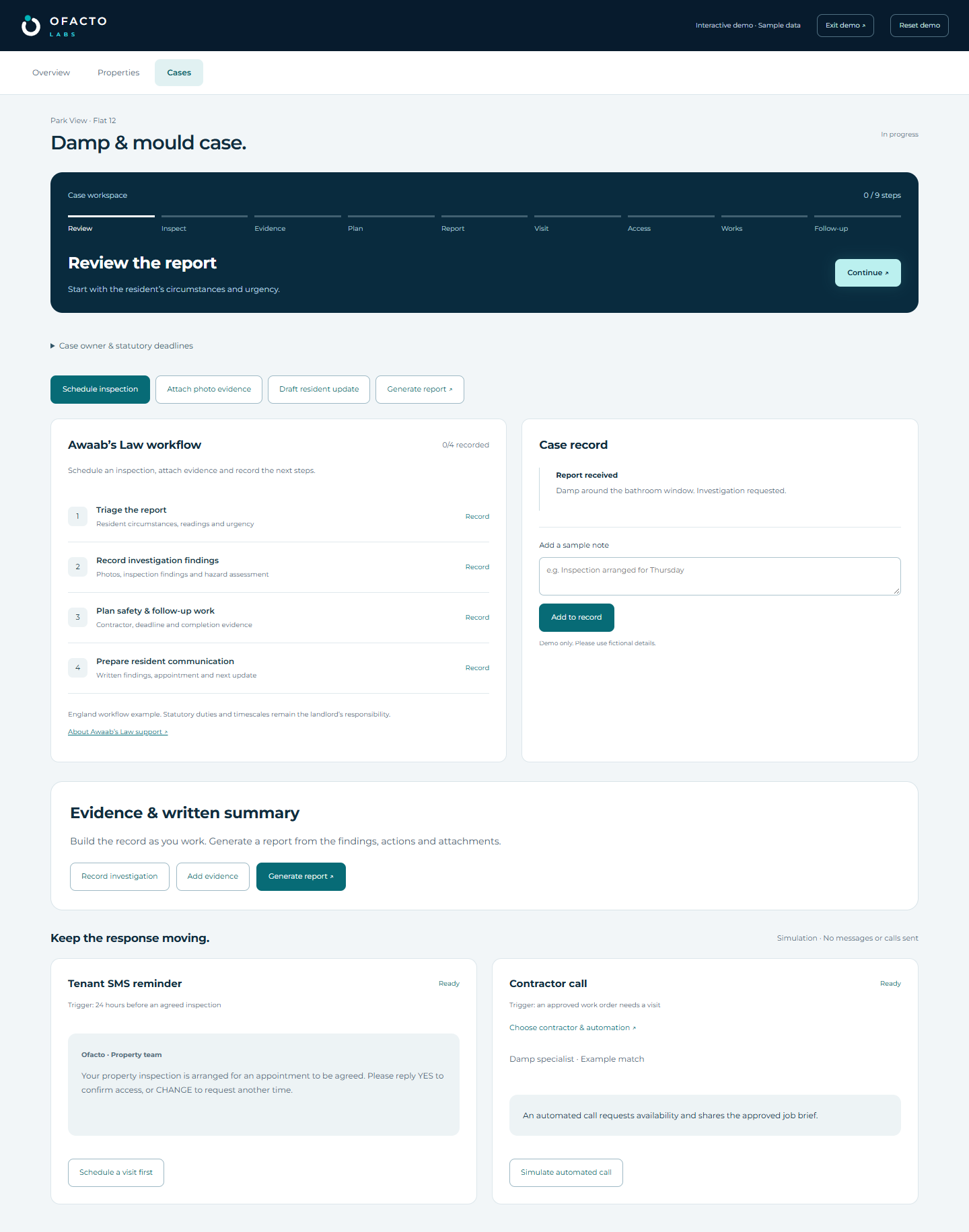 Ofacto demo case record and Awaab’s Law workflow