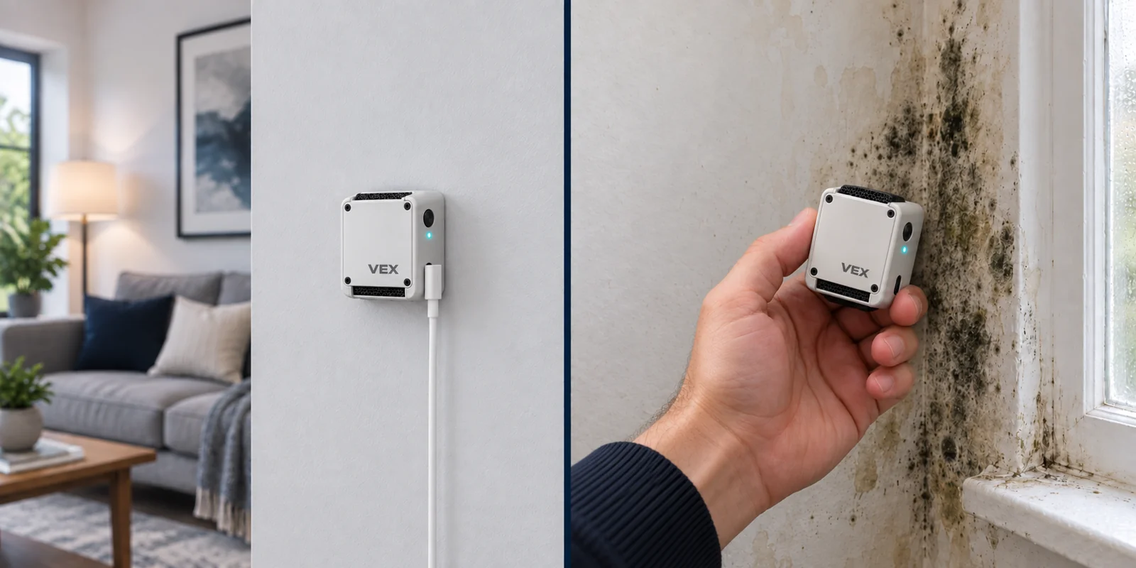 VEX 0.6 render mounted on a living-room wall for continuous monitoring