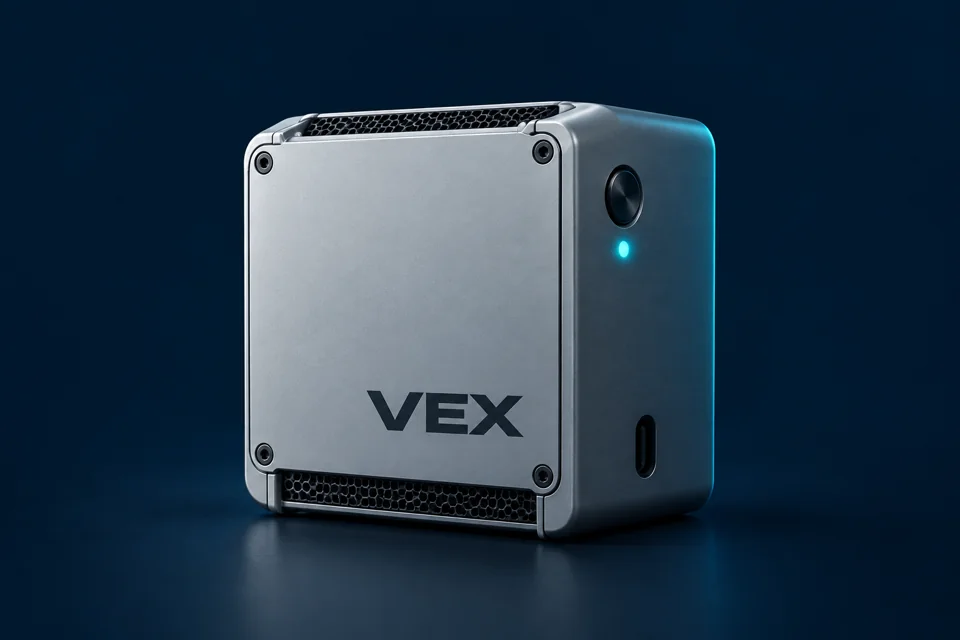 VEX 0.6 concept: silver enclosure with ventilation grilles and side controls